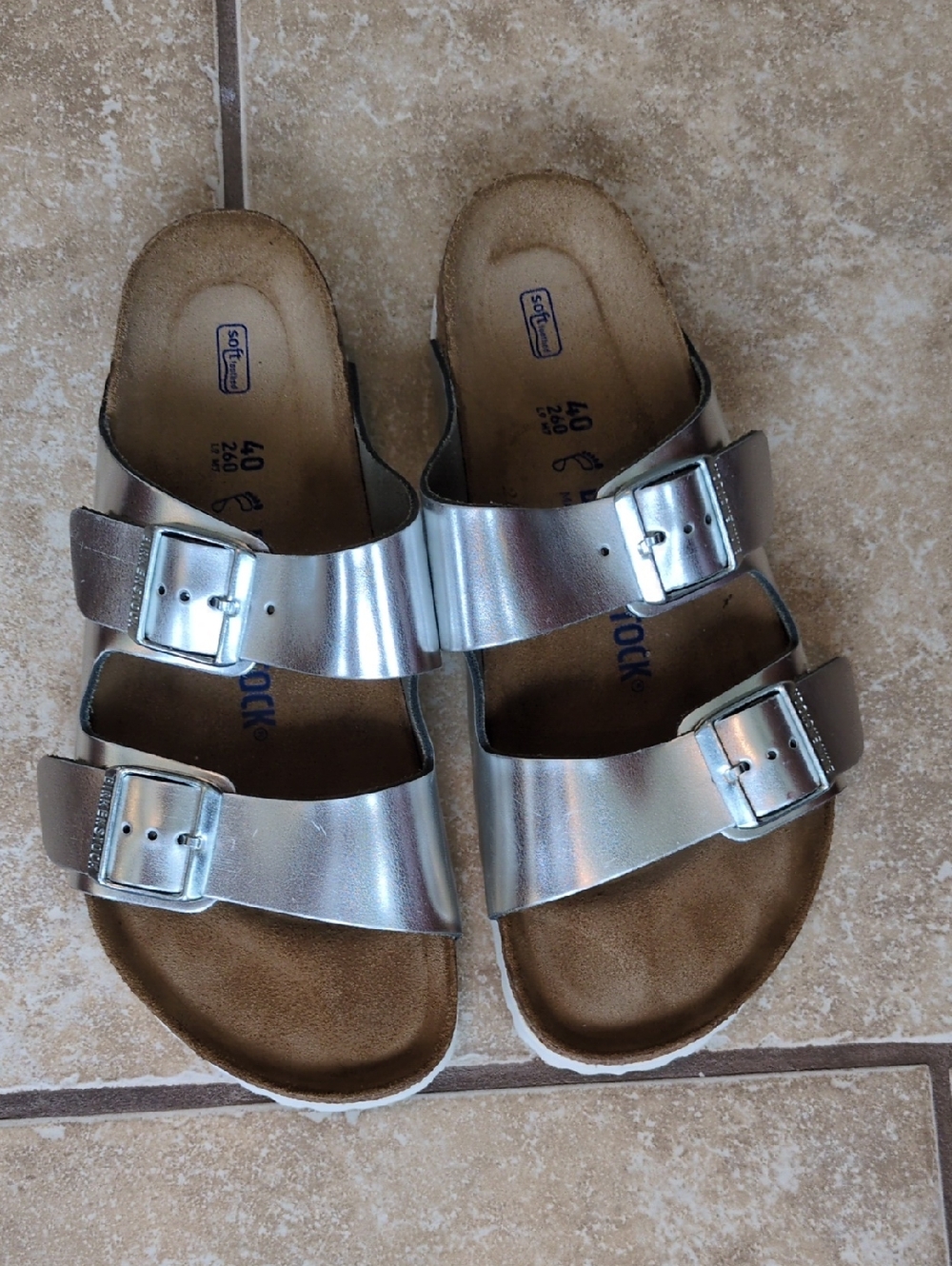 Women's Birkenstock‎ Metallic Silver Double-Buckle Slide Sandals